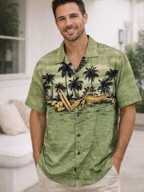 Blue Hawaii Green Tropical Hawaiian Shirt Palm Print Aloha Camp Button Large